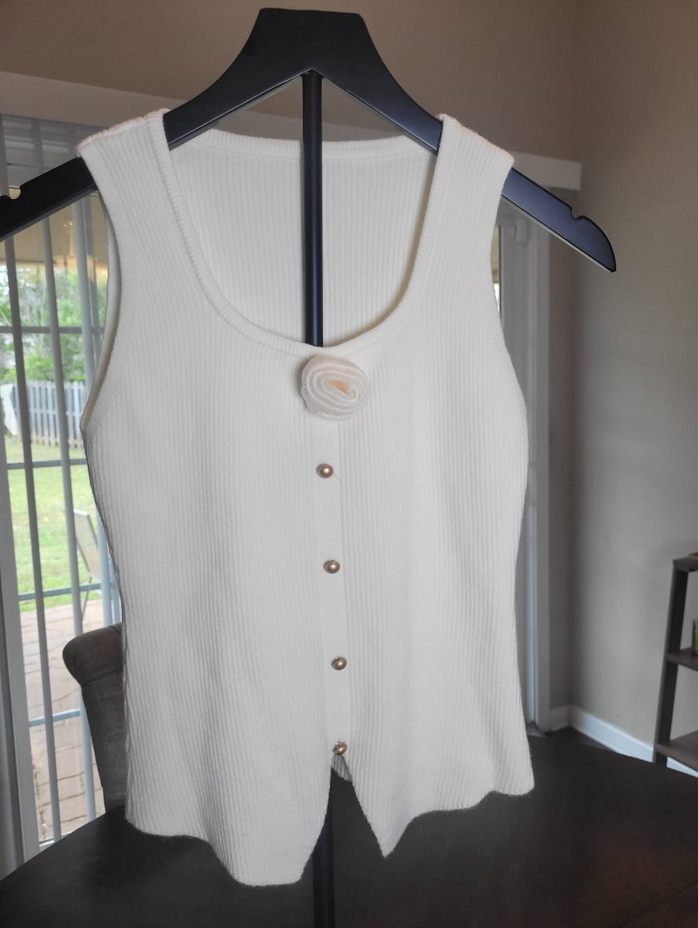 Women’s Cream Ribbed Pull over Tank Top with Gold Buttons